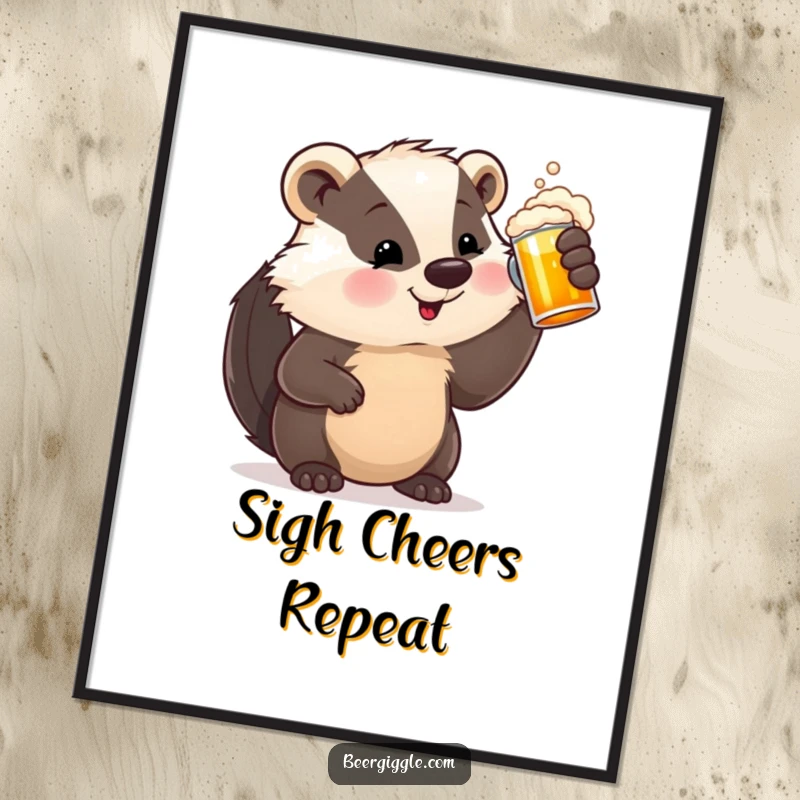 Funny Digital Art Print of a satisfied badger character with a beer stein, capturing a moment of pure beer-induced happiness.