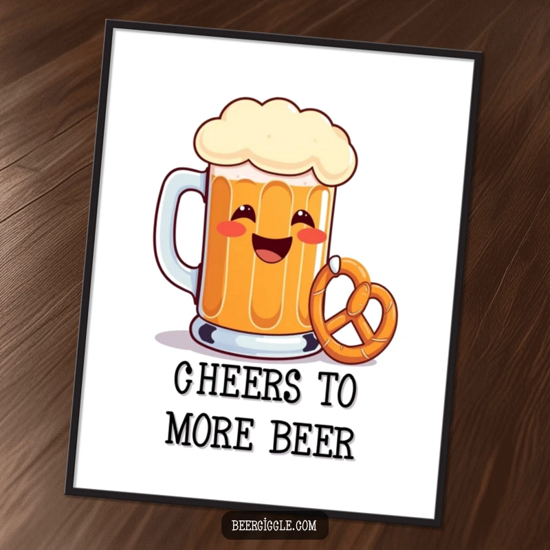 Funny beer mug digital art, grinning, toasting with a tiny pretzel, printable wall art, humorous graphic download.