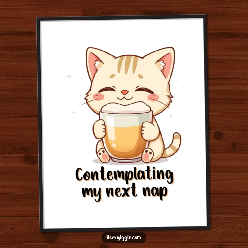 Funny cat digital art print of a smiling character enjoying a foamy brew with eyes closed.