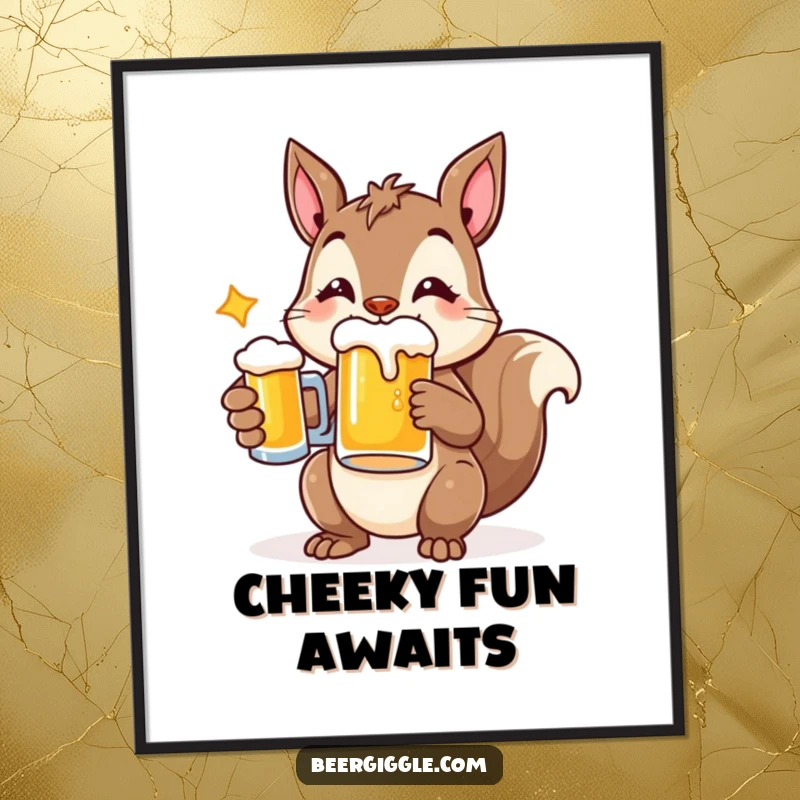 Funny digital art print of a cheerful squirrel character holding a beer mug, bringing instant woodland joy.