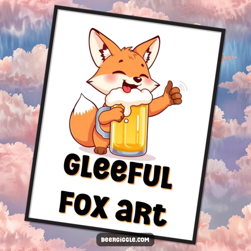 Funny fox beer high-five digital art print, depicting a joyful fox toasting a beer, ready to liven up any room.