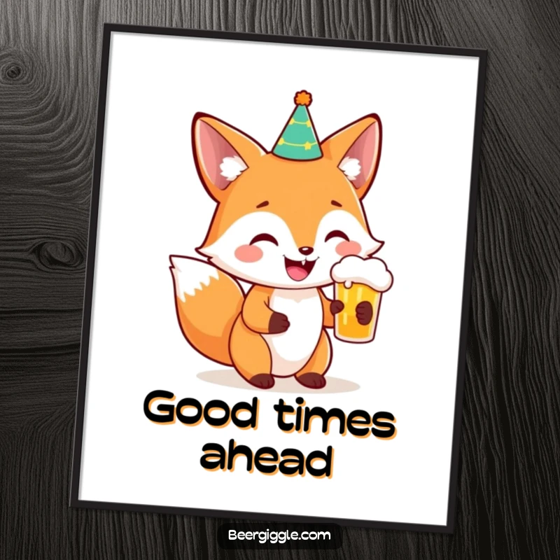 Funny Fox Party Beer Digital Art: A smiling fox in a party hat holding a beer, ready for hilarious digital display.