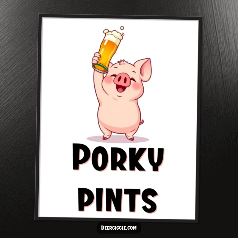 Funny digital art print of a gleeful pig character holding a beer bottle, ready to be downloaded and displayed for instant humor.