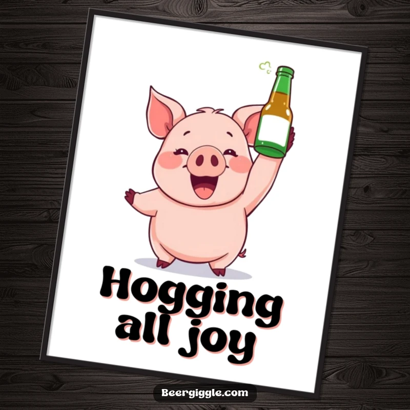 Funny digital art print of a gleeful pig character holding a beer bottle aloft, spreading instant joy.