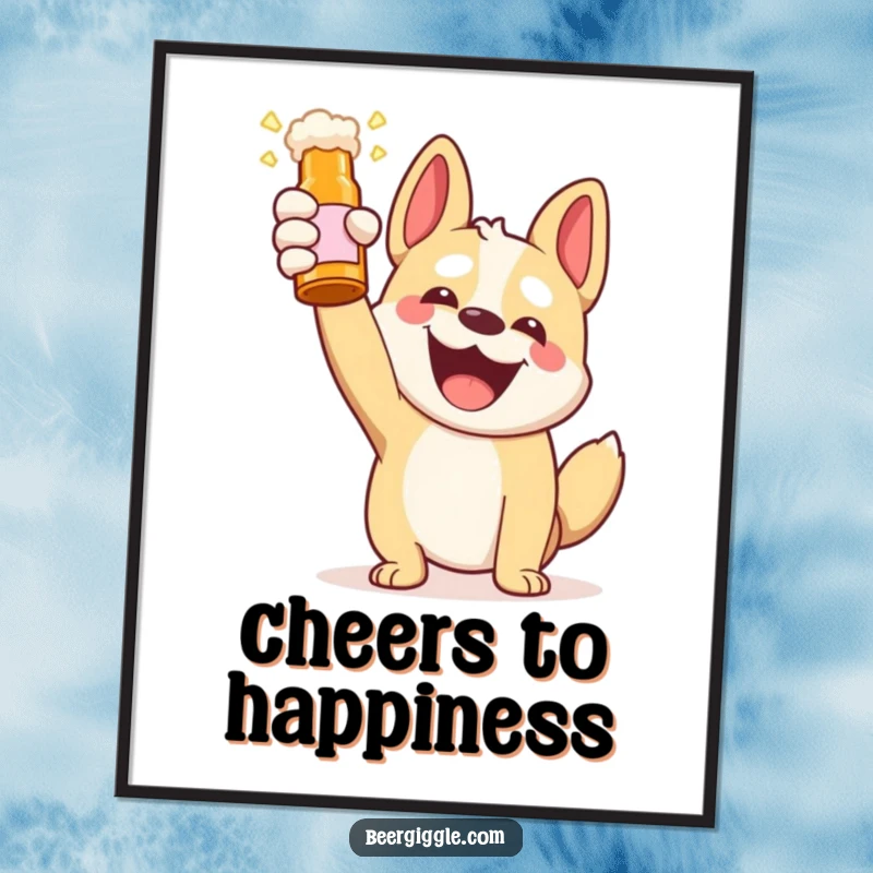 Funny Kawaii Dog Beer Toast Digital Art: A cheerful dog raising a beer bottle for a toast. Instant downloadable humor for your walls.