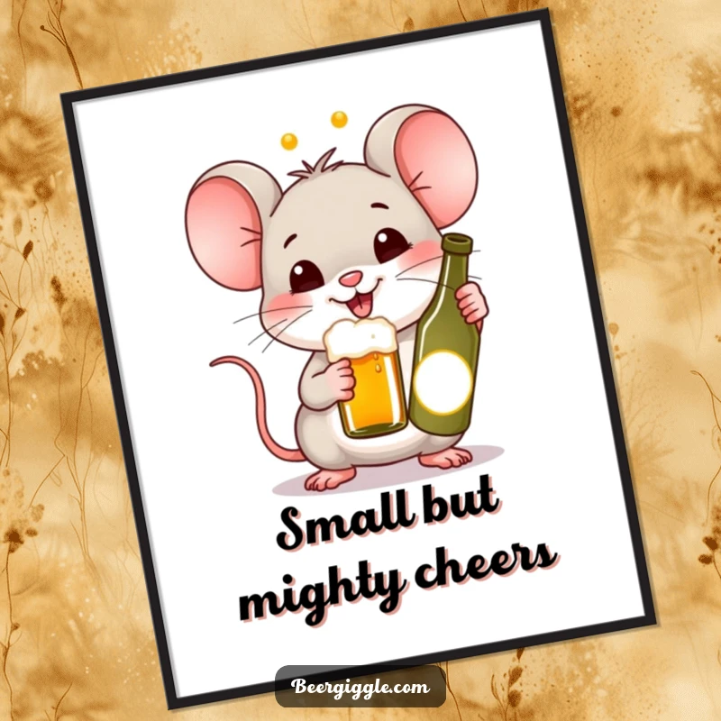 Funny Kawaii Mouse Beer Digital Art: A happy mouse cheering with a tiny beer bottle. Instant downloadable humor for a cheerful atmosphere.