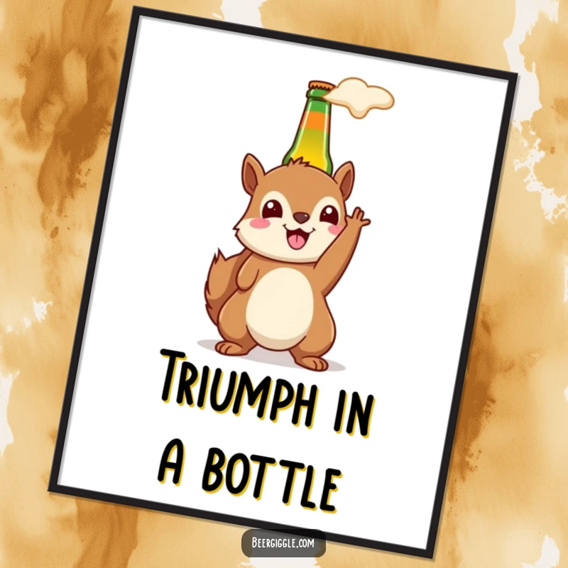 Funny kawaii squirrel beer digital art print showing a happy squirrel holding a beer bottle aloft, for party decor.