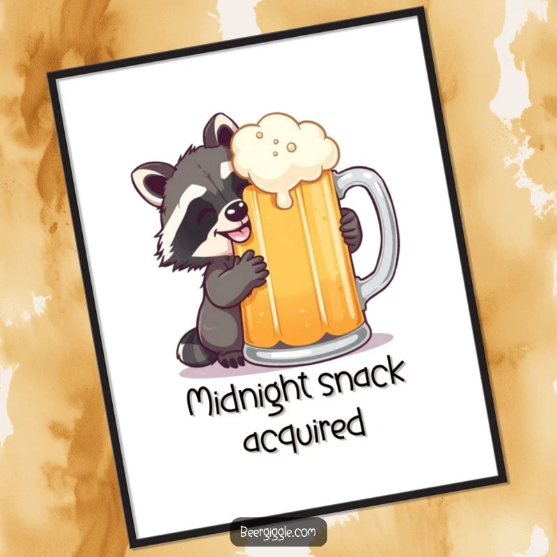 Funny raccoon grinning while sneaking a sip of beer from a large mug, available as a digital art print for humorous, mischievous decor.