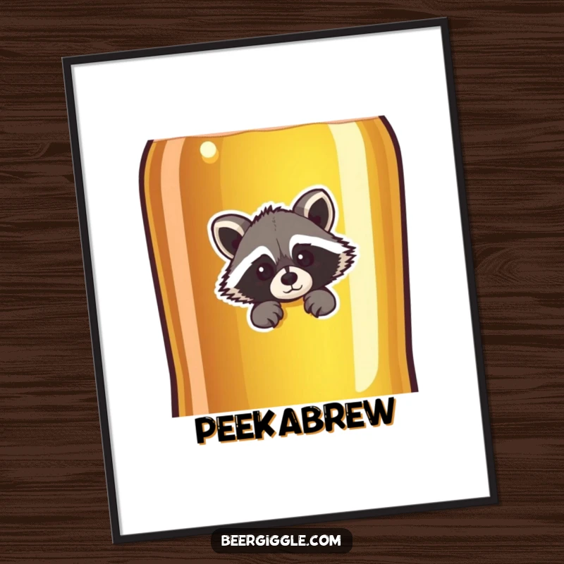 Funny raccoon character peeking behind a giant beer bottle, digital art file, perfect for printing and wall decoration.