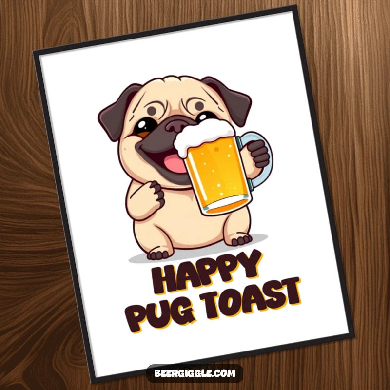 Funny pug beer toast digital art print, depicting a happy pug toasting a pint, ready to liven up any room.