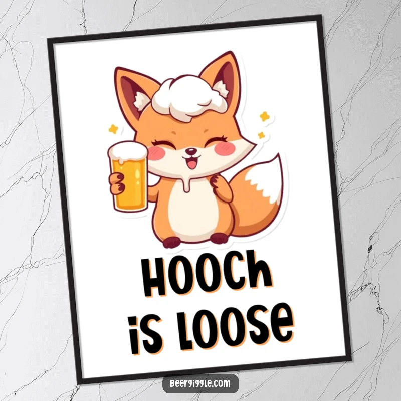 Funny kawaii fox winking with a beer, available as a high-resolution digital art print for humorous decor.