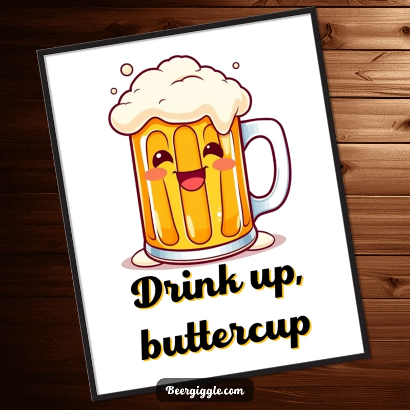 Funny kawaii beer mug overflowing with a cheerful grin as a digital art print, ready to download and enjoy. Fun decor.