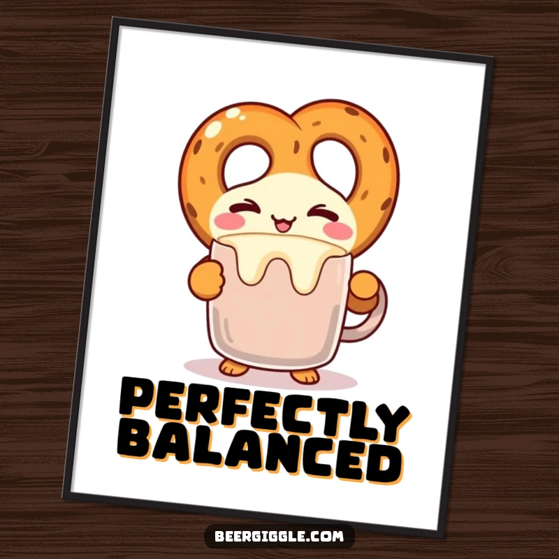 Funny kawaii pretzel character winking while balancing a frothy mug as a digital art print, ready to download. Quirky decor.