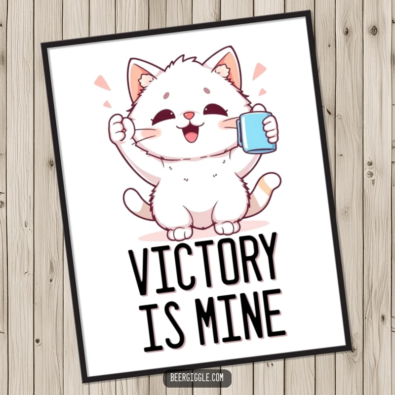 Funny Kawaii Cat Digital Art Print: Charming cat character cheers holding a mug aloft; printable art for instant humor.