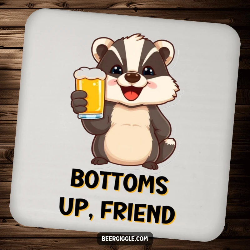 Funny drink coaster featuring a delighted badger character toasting with a beer, adding festive humor and surface protection.