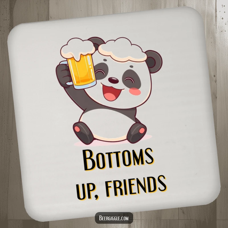 Funny panda drink coaster featuring a cheerful character raising a frothy beer stein, protecting surfaces.