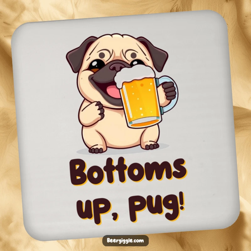 Funny pug beer toast coaster, showing a smiling pug raising a pint, protecting surfaces with canine charm and humor.