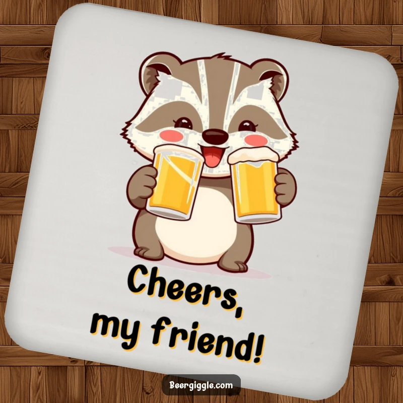 Funny Badger Toast Coaster: A cheerful badger toasting with two mugs, adding hilarious charm to drink protection.