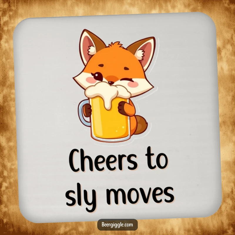 Funny fox drink coaster with a playful character winking while toasting a beer mug, for table protection.