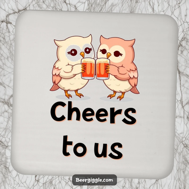 Funny kawaii owl mugs coasters featuring twinkling owls clinking, symbolizing friendship and protecting surfaces.