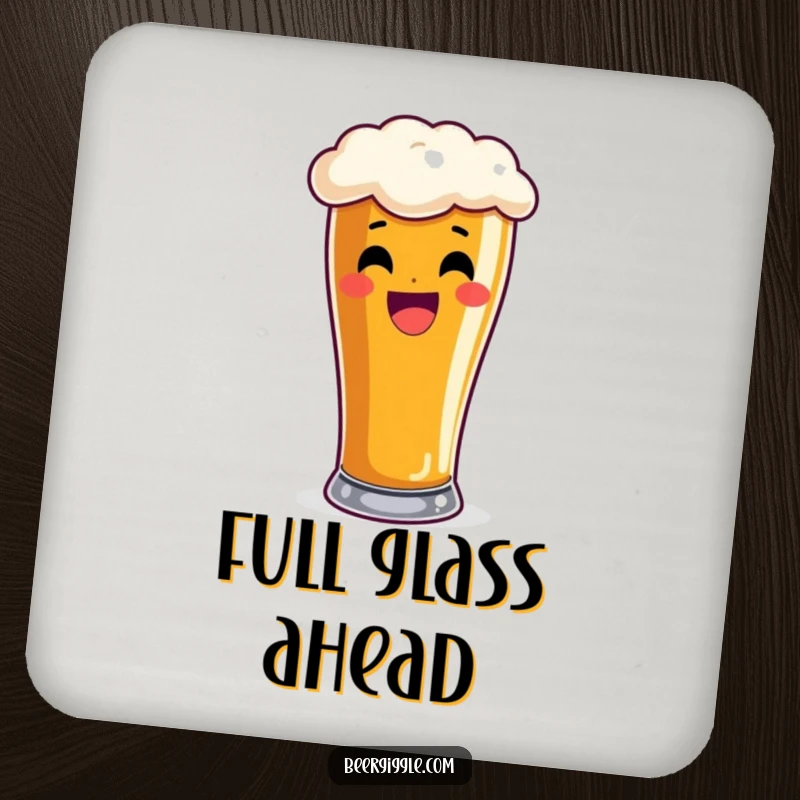 Funny pint glass coasters, delighted, overflowing with frothy beer, drink accessories, barware, humorous table protection.
