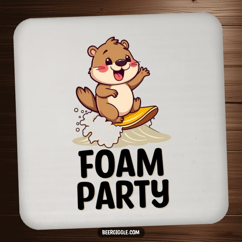 Funny beaver character surfing on a beer foam wave, set of coasters, adding humor and style to tabletops.