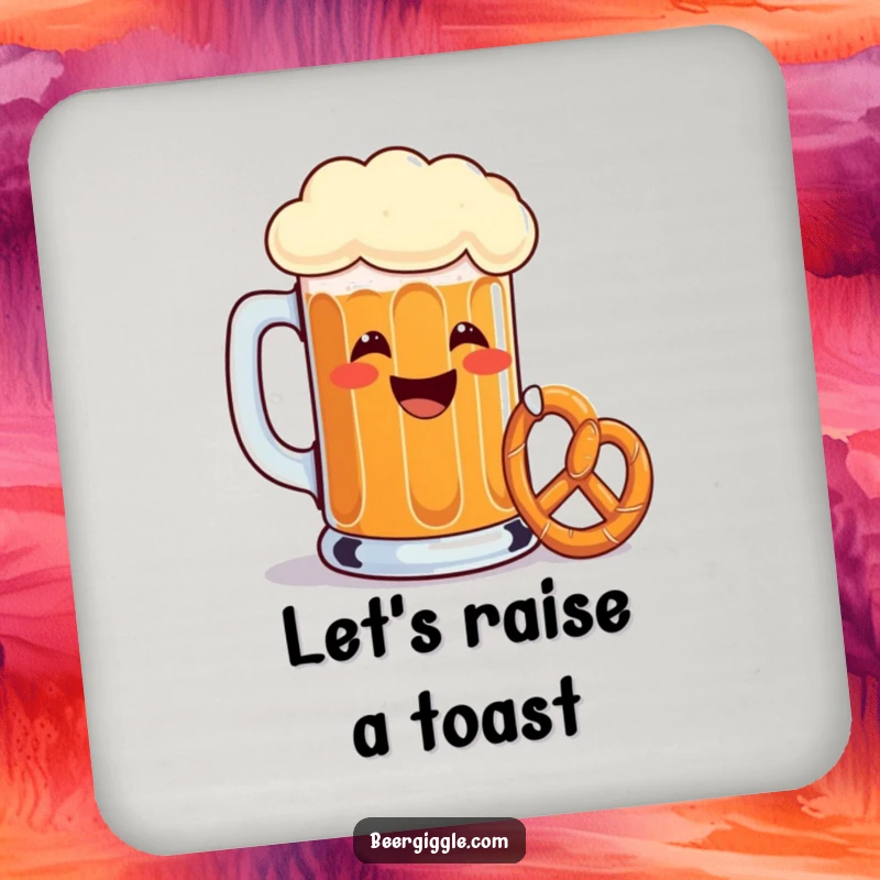 Funny beer mug coasters, grinning, toasting with a tiny pretzel, drink accessories, barware, humorous table protection.