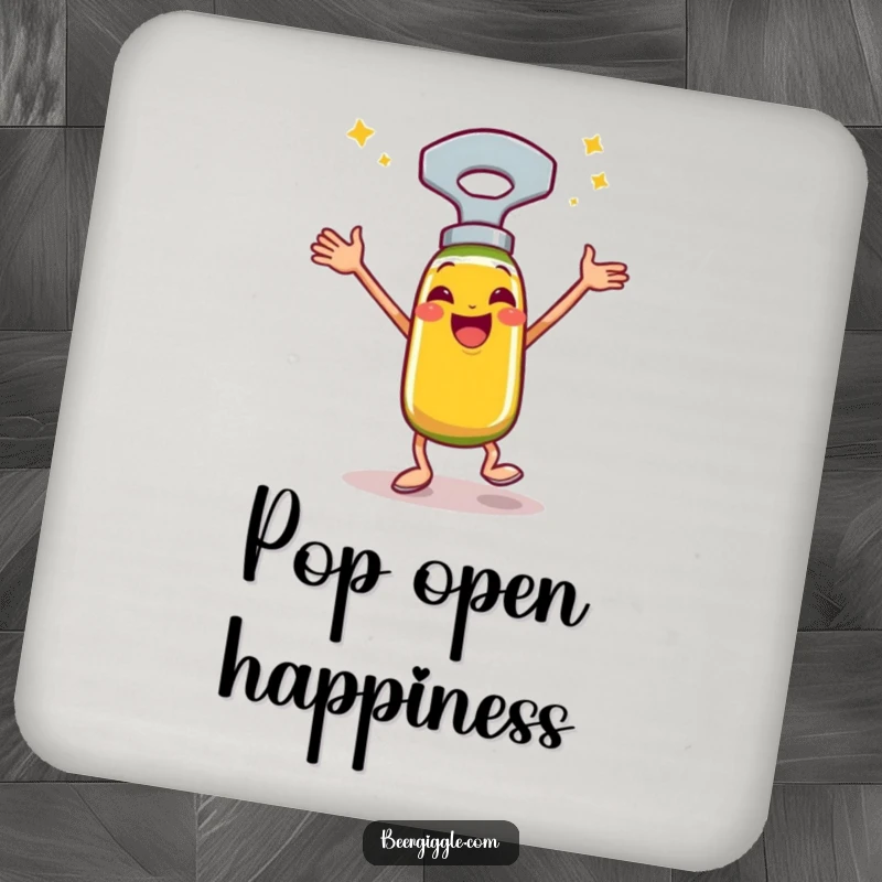 Funny bottle opener coasters, happy, performing a celebratory jig, drink accessories, barware, humorous table protection.