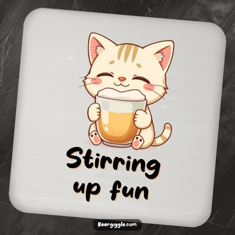 Funny cat drink coaster with a smiling character enjoying a foamy brew with eyes closed, for table protection.