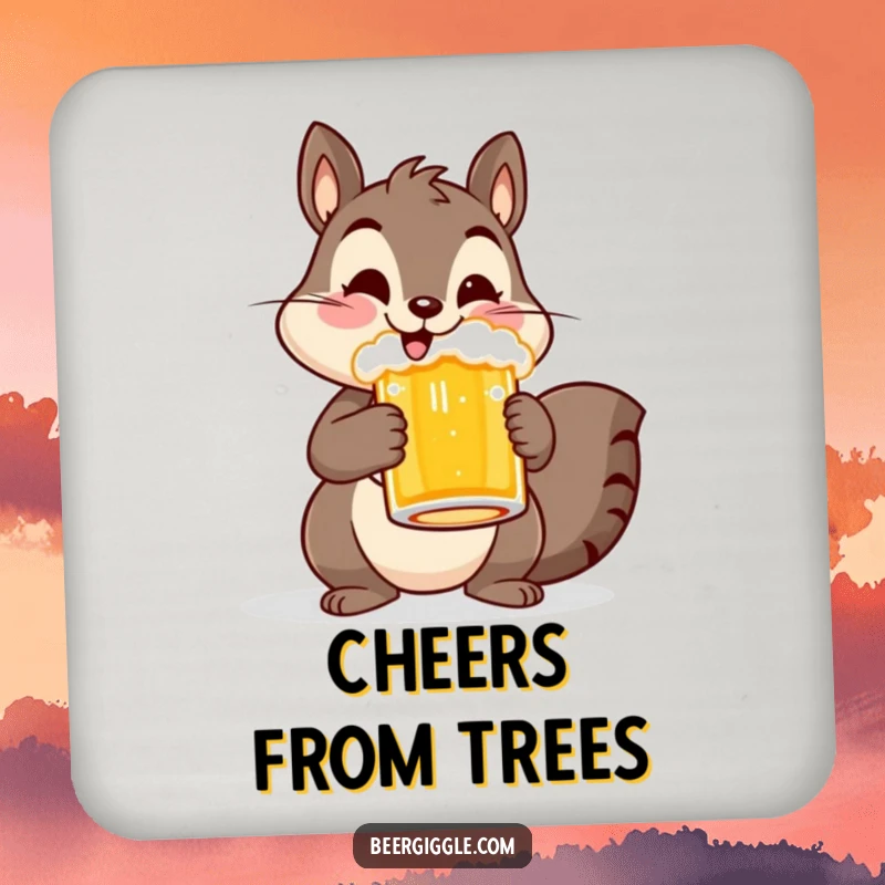 Funny drink coaster featuring a cheerful squirrel holding a beer mug, adding woodland charm and humorous protection to surfaces.