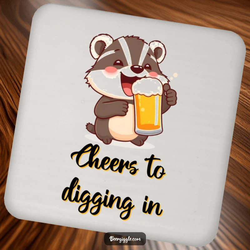 Funny coaster featuring a delighted badger character toasting with a beer mug, adding festive charm.