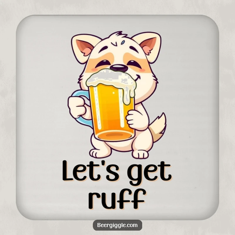 Funny dog drink coaster with a happy character gleefully chugging from a beer mug, for table protection.