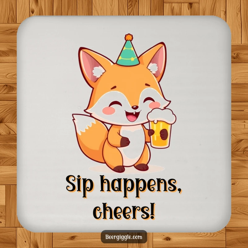 Funny Fox Party Beer Coaster: A smiling fox with a party hat and beer adds hilarious flair to drink protection.
