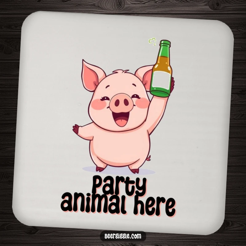 Funny coaster featuring a gleeful pig character holding a beer bottle high, perfect for party settings.
