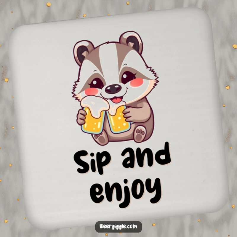 Funny kawaii badger beer coasters showcasing a contented smiling badger, adding humorous protection to tables.
