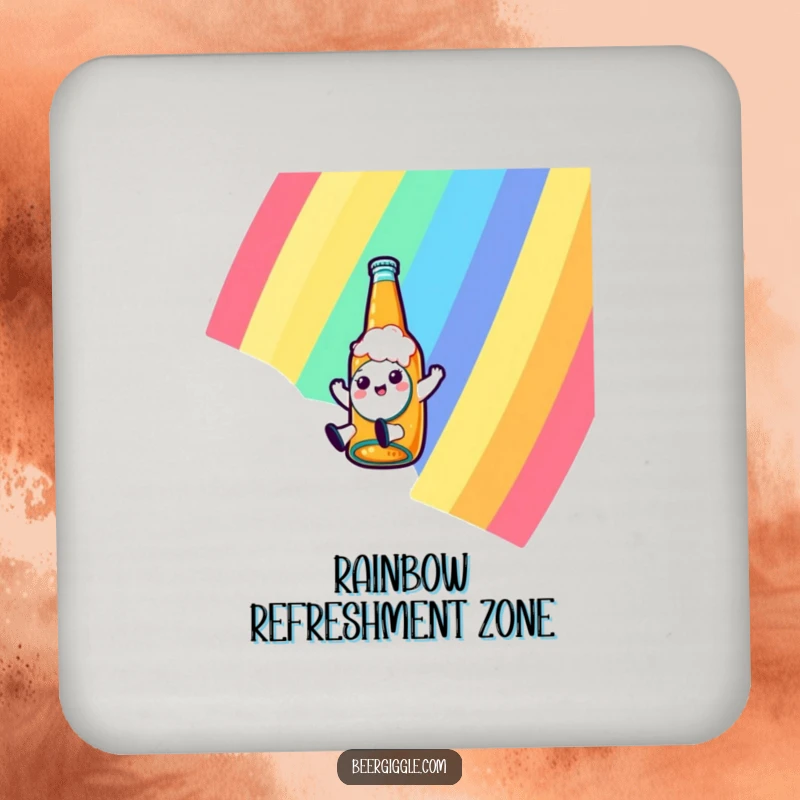 Funny kawaii beer bottle character sliding down a rainbow on a drink coaster, providing surface protection with a humorous and cute design.