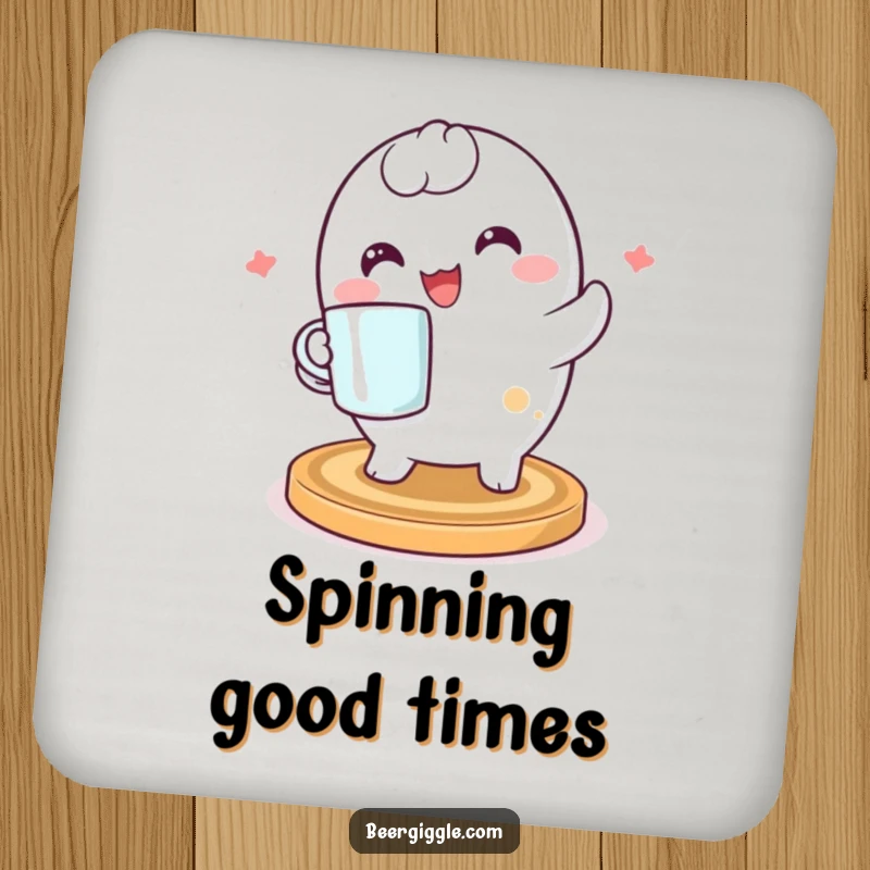 Funny kawaii coaster character spinning happily on a protective drink coaster, adding a cute and humorous element to any table setting.