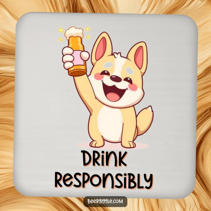 Funny Kawaii Dog Beer Toast Coaster: A cute dog holding a beer bottle in toast. Protects surfaces with a humorous and cheerful design.