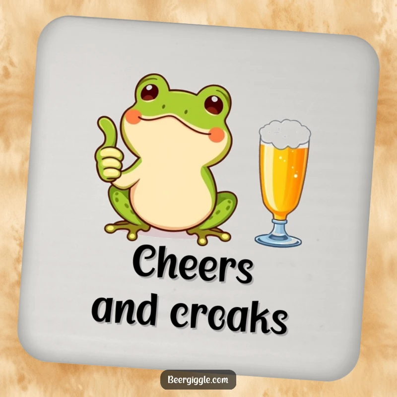 Funny Kawaii Frog Thumbs Up Coaster: A happy frog giving a thumbs up next to a beer glass. Protects surfaces with a humorous and cheerful design.