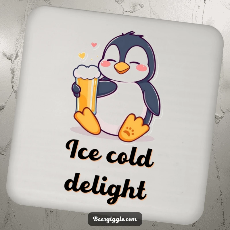 Funny Kawaii Penguin Beer Coaster: A content penguin relaxing with a cold beer. Protects surfaces with a humorous and chill design.