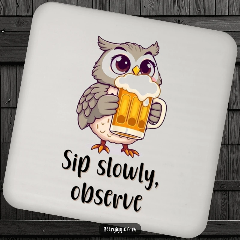 Funny owl with wide, delighted eyes holding a beer stein, depicted on a coaster, adding humorous protection to any beverage.
