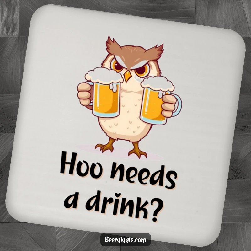 Funny Owl Coaster: A determined owl character balancing two beer mugs, a funny and functional drink accessory.