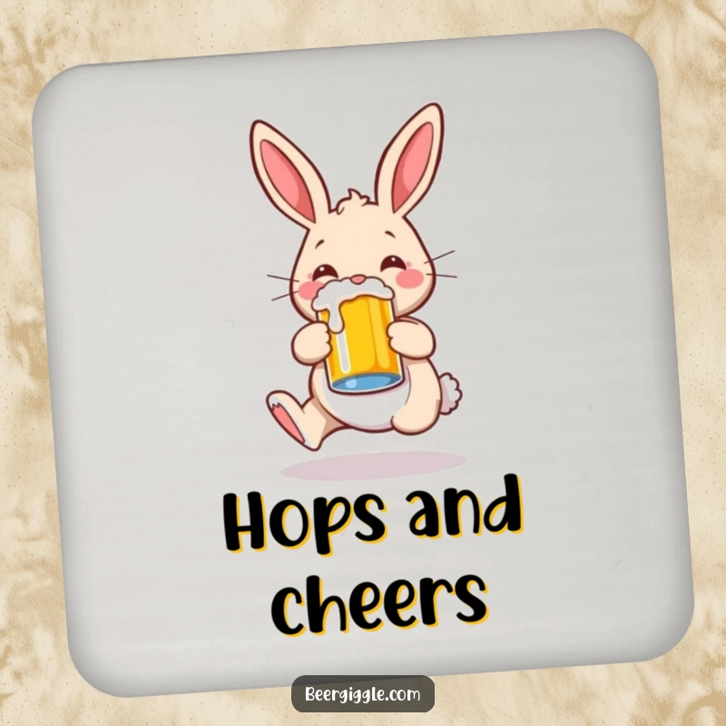 Funny rabbit character joyfully hopping with a beer mug, set of coasters, protecting surfaces with humor and style.