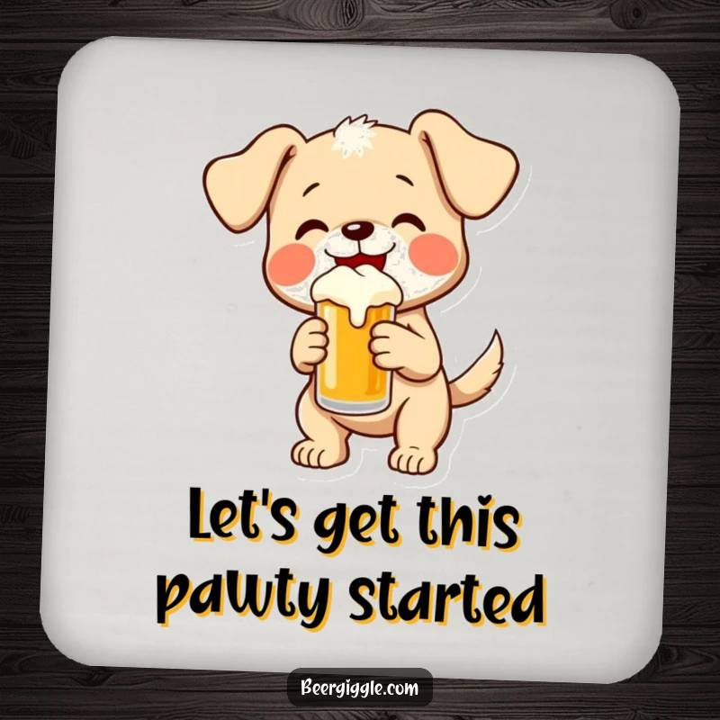 Funny puppy wagging its tail and holding a small beer, depicted on a coaster for humorous protection.