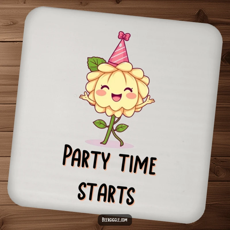 Funny hops flower coasters, cheerful, wearing a tiny party hat, dancing, drink accessories, barware, humorous table protection.