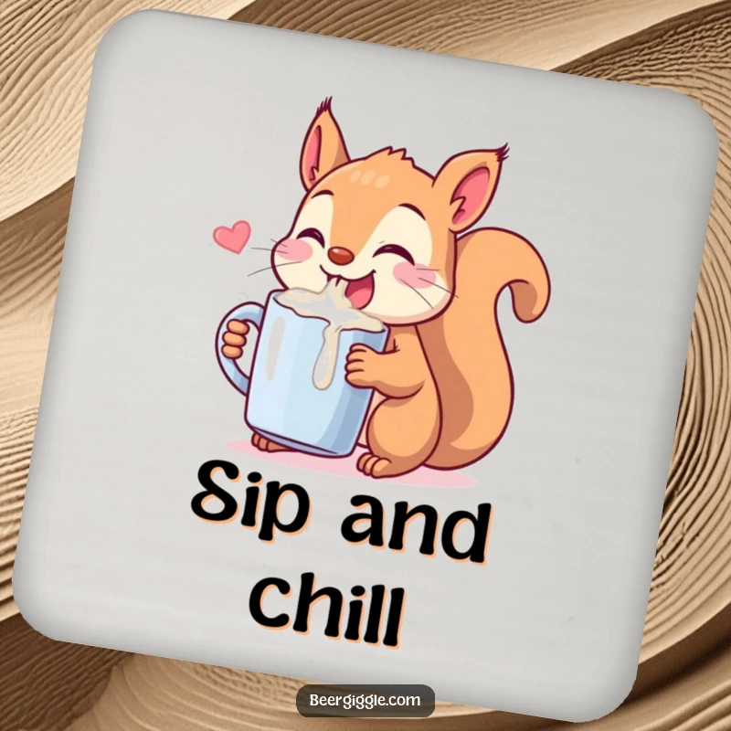 Funny Kawaii Squirrel Chugging Coaster: A playful squirrel drinking from a tiny mug. Protects surfaces with a humorous and charming design.