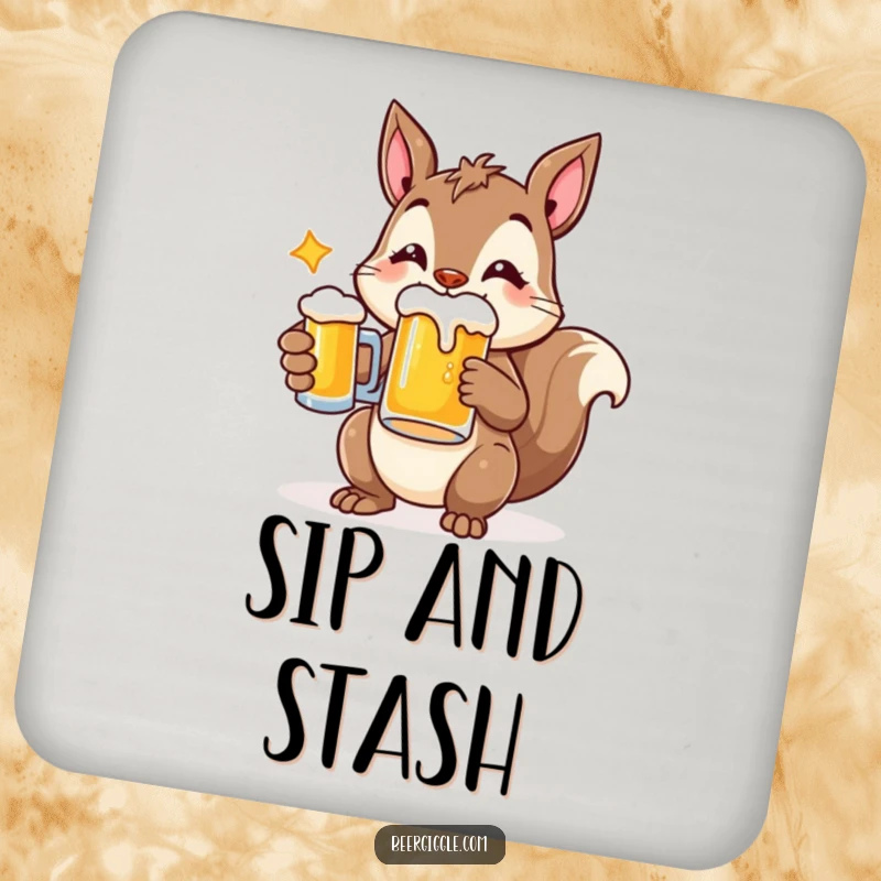 Funny coaster featuring a cheerful squirrel character holding a beer mug, adding woodland charm.