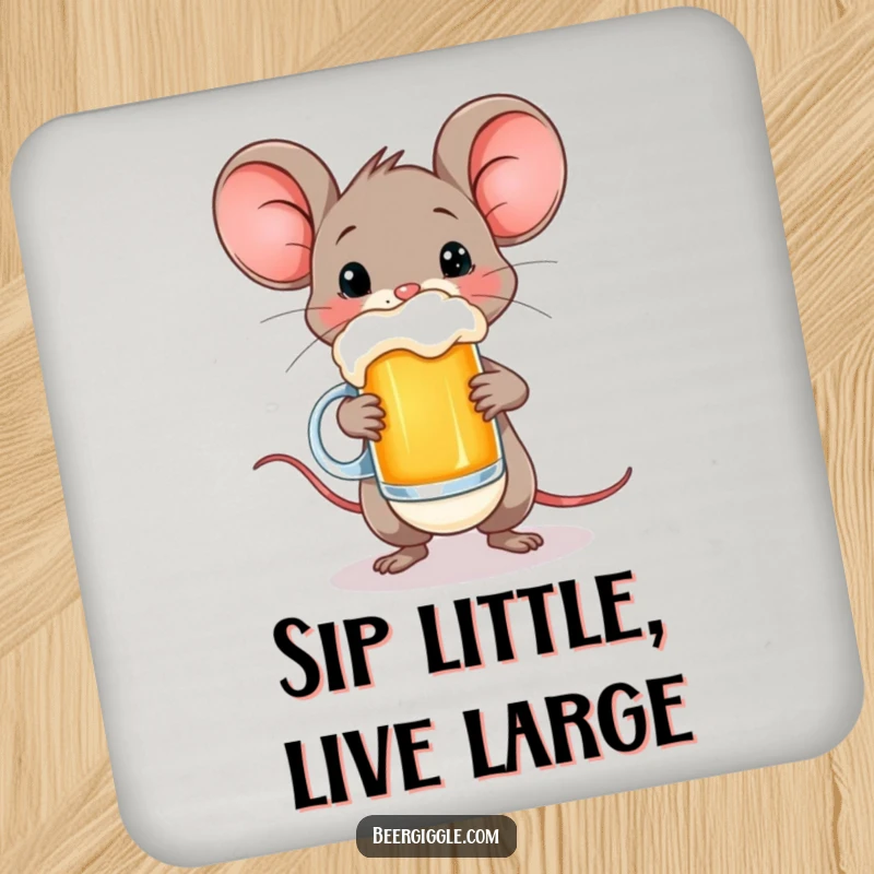 Funny coaster featuring a happy mouse character balancing a small beer mug, adding whimsical charm.