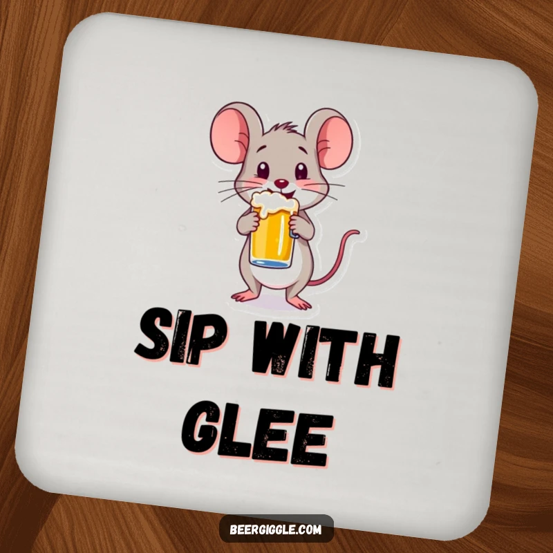 Funny drink coaster featuring a happy mouse balancing a small beer mug, adding a touch of cute and humorous protection to surfaces.