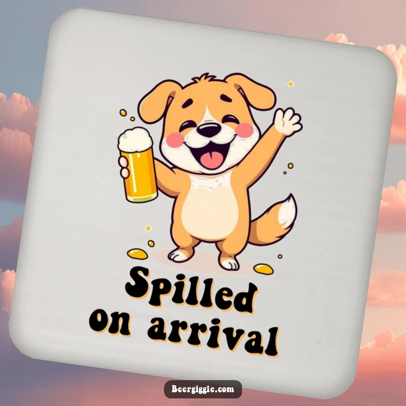 Funny dancing dog coaster, a character spilling beer while celebrating, protecting surfaces with humorous flair.
